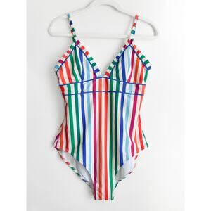 Boden Kasos String V Neck Swimsuit Size 10 Long Multicolor Rainbow Stripe $125